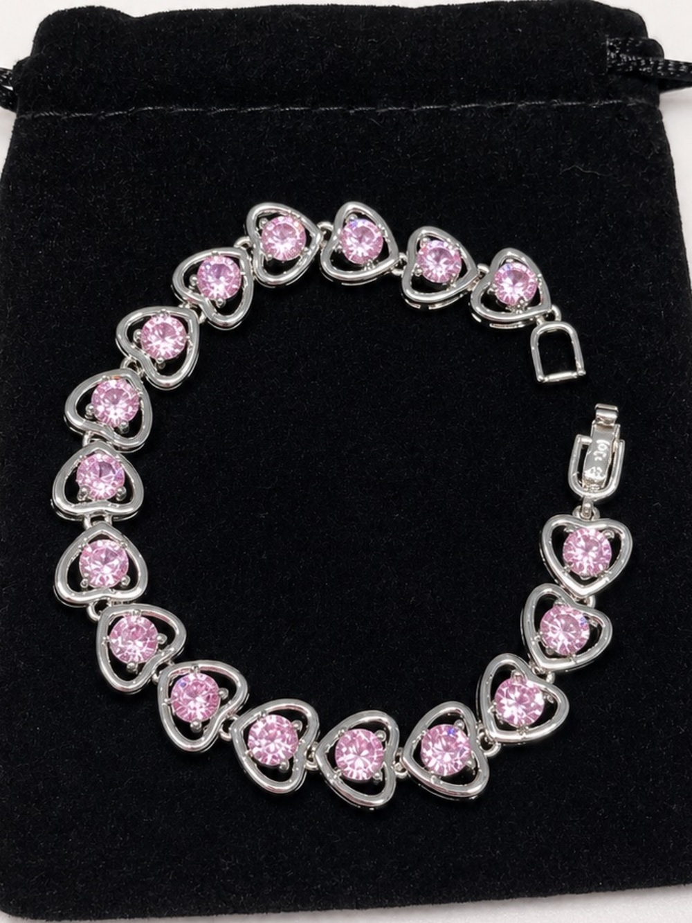 Silver Heart Link Bracelet with Pink Stones